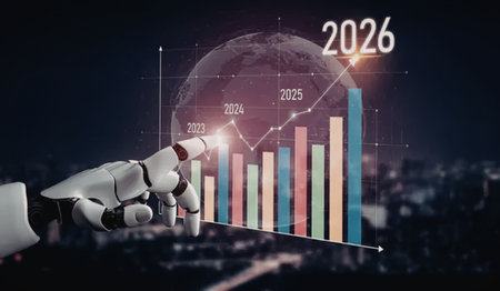 Robotic hand interacts with a holographic graph displaying financial growth from 2023 to 2026 on a...