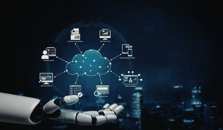 Robotic hand presents a glowing cloud network symbolizing advanced AI technology integrating various...