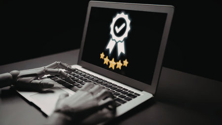 Robotic hands interact with a modern laptop screen showing glowing five star rating and verification...