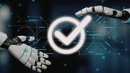 Robotic hands reach towards a glowing checkmark surrounded by digital circuitry and blue lights,...