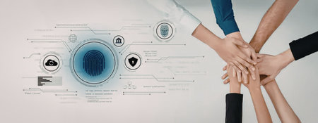 Teamwork merges with digital security infrastructure displaying a glowing fingerprint scanner...