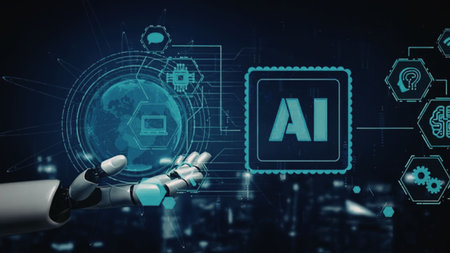 Robotic hand interacts with a glowing blue artificial intelligence interface displaying a digital...