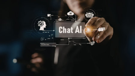 Man interacts with virtual AI chat interface on a digital screen displaying futuristic technology...