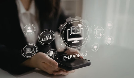 Young professional woman uses a mobile device to access e learning platform for online education and...