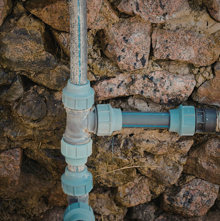 Close-up of a damaged plastic pipe on a stone wall with moss and dirt background
