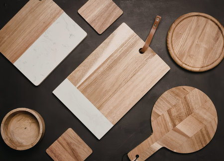 A natural scene with wooden plates, bowls, and cutting boards on black background