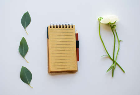 Notepad on a white surface with eucalyptus leaves and ranunculus. Flatlay.