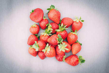 Lots of ripe fresh strawberries on the background of grey surface. Closeup of fresh natural strawberry fruit.の写真素材