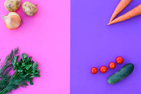 Different vegetables on a double background - pink and purple, vegetables - potatoes, carrots, onions, tomatoes, cucumbers and greens. Healthy diet.の写真素材