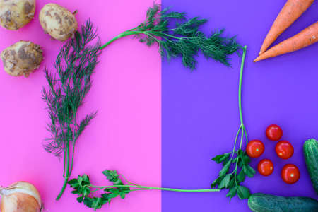 Different vegetables on a double background - pink and purple, vegetables - potatoes, carrots,...