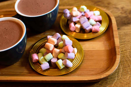 Two cups of cocoa with multicolored marshmallow on a golden saucers.の写真素材