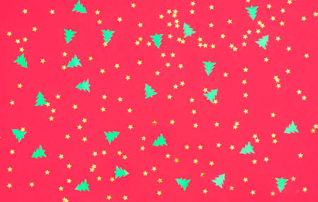 Christmas pattern with New Year Tree and Stars on the red background. Christmas and New Year...