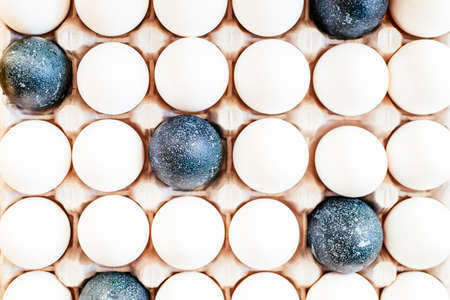 A lot of white eggs and a few painted in blue are in the container. Top view. Easter concept. Close up.の写真素材