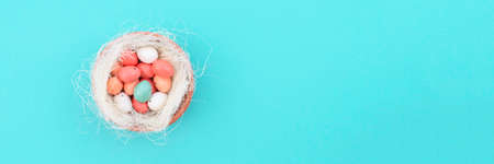 Decorative bird nest with colorful easter eggs on blue pastel background. Easter concept. Place for text. Banner.の写真素材