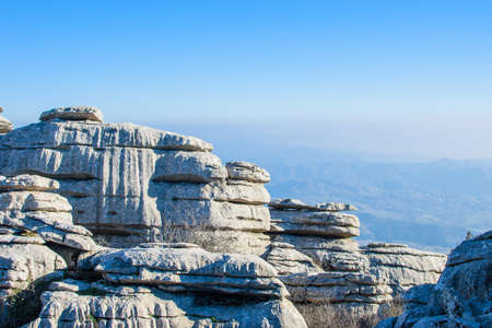 Landscape of rocks in the park El Torcal National Park, Torcal de Antequera, Malaga Province, Andalusia, Spain.の写真素材