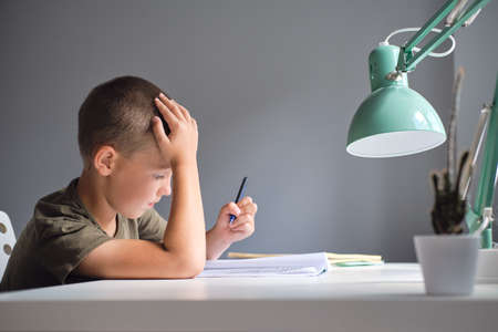 The boy sitting at the table and doing schoolwork at home. Homeschooling concept.の写真素材