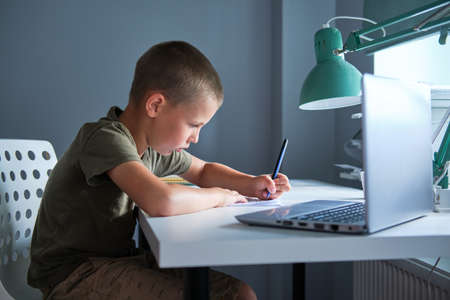 The schoolboy sitting at the table and using laptop while doing schoolwork at home. Homeschooling concept.の写真素材