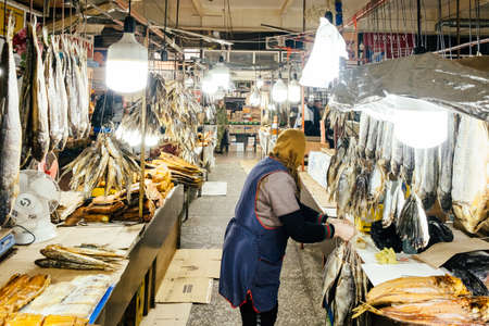 Makhachkala, Russia - October, 2021: fresh fish sold in the food market in the city Makhachkala of Republic of Dagestan.の写真素材