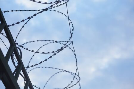 Barbed wire black silhouette on the skyの写真素材