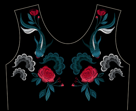 Embroidery stitches with ethnic koi fish and flowers for neckline. Fashion embroidered ornament for textile, fabric traditional folk decoration. Vector illustration.のイラスト素材