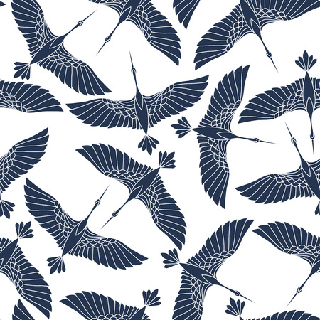 Japanese seamless pattern with beautiful cranes. Chinese vector background with flying birds. Ornament with oriental motives.のイラスト素材