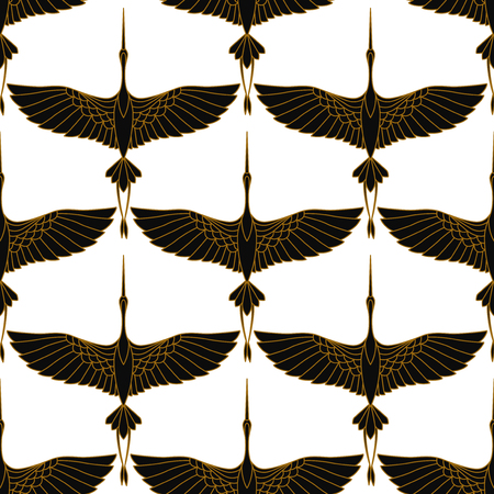Japanese seamless pattern with beautiful cranes. Chinese vector background with flying birds. Ornament with oriental motives.のイラスト素材