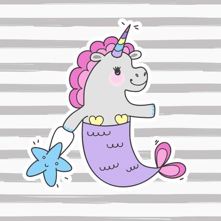 Cute fairy unicorn with mermaid tail and a rainbow mane. Magic funny mermaid. Vector doodle illustration.のイラスト素材