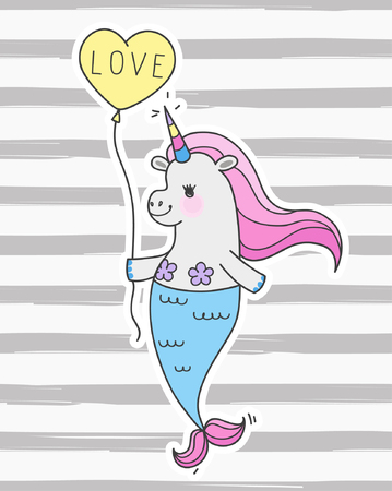 Cute fairy unicorn with mermaid tail and a rainbow mane. Magic funny mermaid. Vector doodle illustration.のイラスト素材