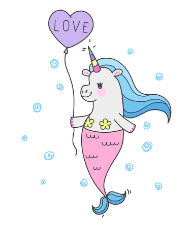 Cute fairy unicorn with mermaid tail and a rainbow mane. Magic funny mermaid. Vector doodle illustration.のイラスト素材