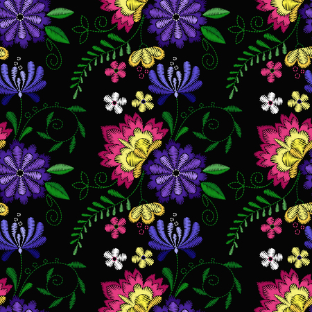 Embroidery seamless pattern with beautiful flowers Vector floral ornament on black background. Embroidery for fashion textile and fabric.のイラスト素材