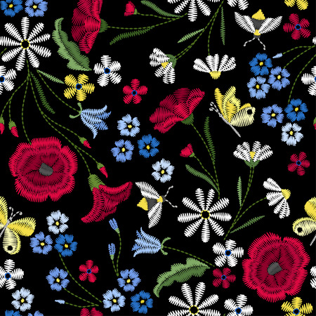 Embroidery seamless pattern with beautiful flowers. Vector floral ornament on black background. Embroidery for fashion textile and fabric.のイラスト素材