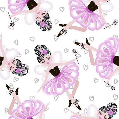 Cute dancing ballerina girls in pink tutus Vector seamless pattern for baby and child wallpapers, textile, posters and clothing prints. Little girlfriends in ballet dresses.のイラスト素材