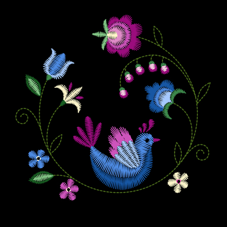 Frame with beautiful flowers and bird. Embroidery for Fashion. Vector illustration.のイラスト素材