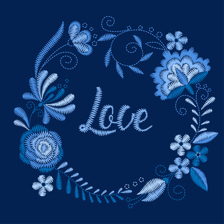 Frame with beautiful flowers. Embroidery for Fashion. Vector illustration.のイラスト素材