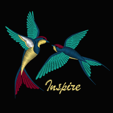 Embroidery with beautiful swallow birds. Embroidery for fashion textile and fabric. Vector design for collar t-shirts and blouses.のイラスト素材