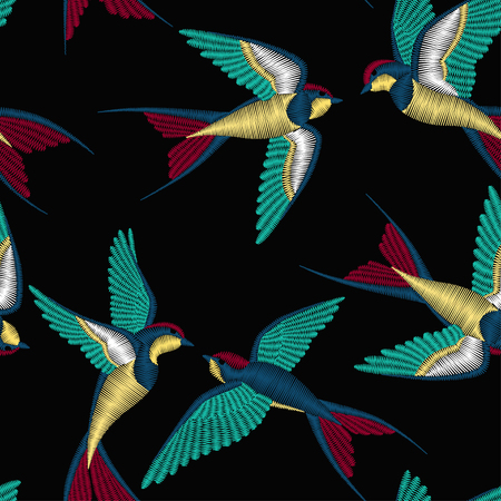 Embroidery seamless pattern with swallow birds. Vector embroidery for fashion textile and fabric.のイラスト素材