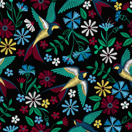 Embroidery seamless pattern with swallow birds and beautiful flowers. Vector embroidery for fashion textile and fabric.のイラスト素材