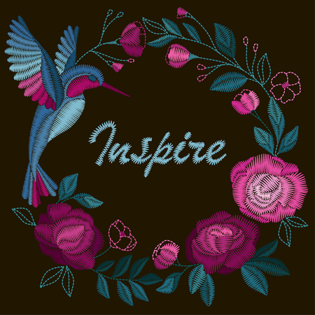 Frame with beautiful flowers and bird. Embroidery for Fashion Vector illustration.のイラスト素材
