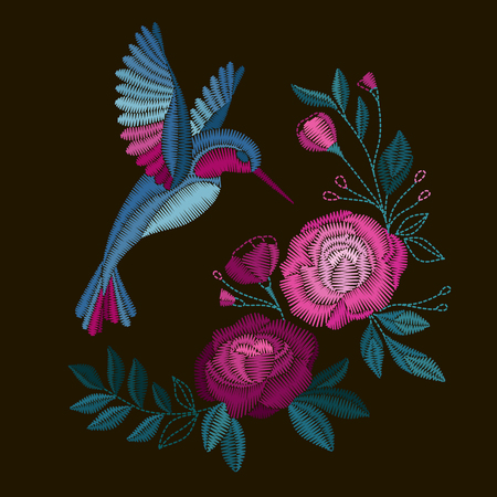 Beautiful flowers and birds. Embroidery for Fashion Vector illustration.のイラスト素材