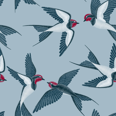 Embroidery seamless pattern with beautiful swallow birds Vector embroidery for fashion textile and fabric.のイラスト素材