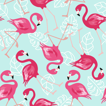 Flamingo seamless pattern on mint green background. Pink flamingo vector background design for fabric and decor Vector trendy illustration.のイラスト素材