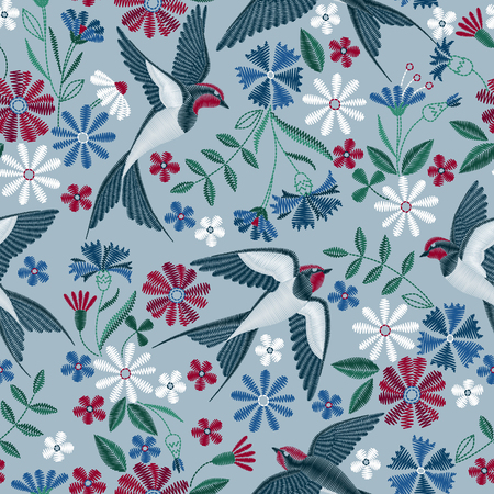 Embroidery seamless pattern with swallow birds and beautiful flowers Vector embroidery for fashion textile and fabric.のイラスト素材