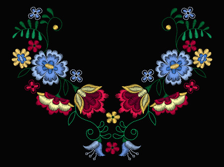 A  Vector design for collar t-shirts and blouses. Colorful ethnic flowers neck line. Embroidery for Fashion Vector illustration.のイラスト素材