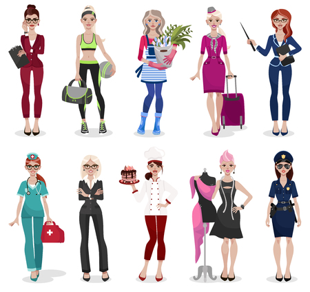 Set of different professions: doctor, teacher, fashion designer. Vector illustration isolated on white background.のイラスト素材