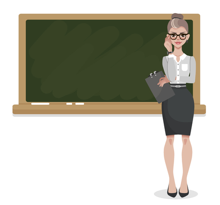 Young female teacher on lesson at blackboard in classroom at school, college or university. Women's profession. Vector man character isolated on white background.のイラスト素材