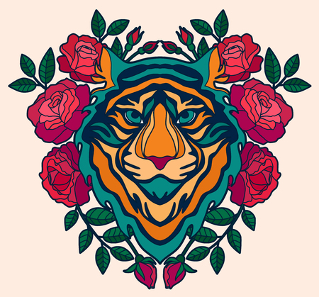Tiger head and flowers Vector tiger for tattoo, logo, t-shirt or poster Vector illustrations.のイラスト素材