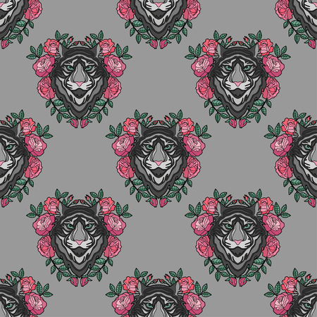 A Vector seamless pattern with tiger head. Animal background for fabric or wallpaper Vector fashion illustration.のイラスト素材