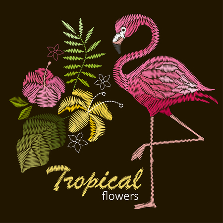Embroidery stitches with flamingo birds and tropic flowers for neckline Vector design for collar t-shirts and blouses.のイラスト素材