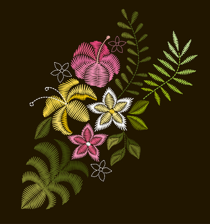 A Vector design for collar t-shirts and blouses. Colorful tropic flowers neck line. Embroidery for Fashion.のイラスト素材