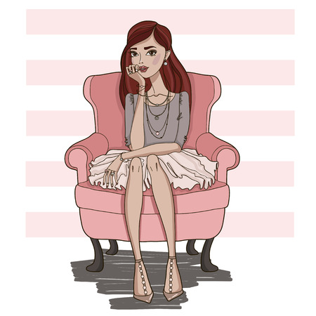Fashion girl sitting in a pink chair. Vector illustration.のイラスト素材